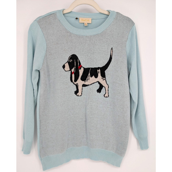 ModCloth Light Blue Intarsia Knit Hound Dog Crew Neck Sweater Basset Dog Lover - Picture 2 of 10